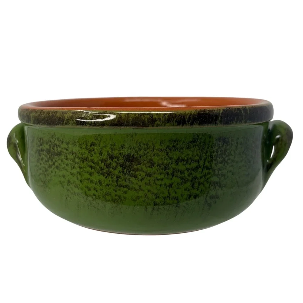 Vintage De Silva Italy Green Terracotta Soup Bowl Crock w Handles Majolica